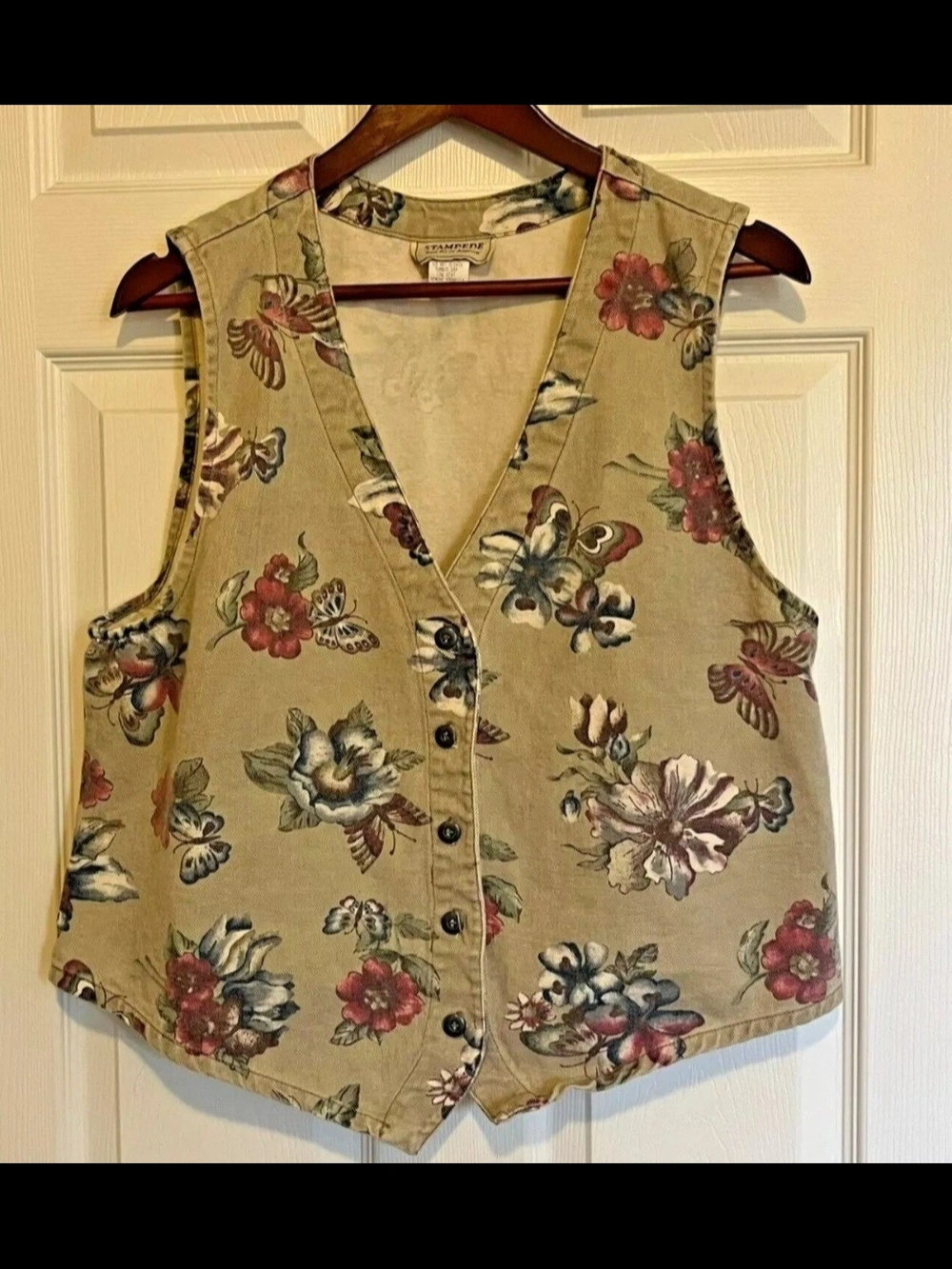 Vintage 90s Stampede Denim Vest Floral Butterflies Large Women's Made in U.S.A.
